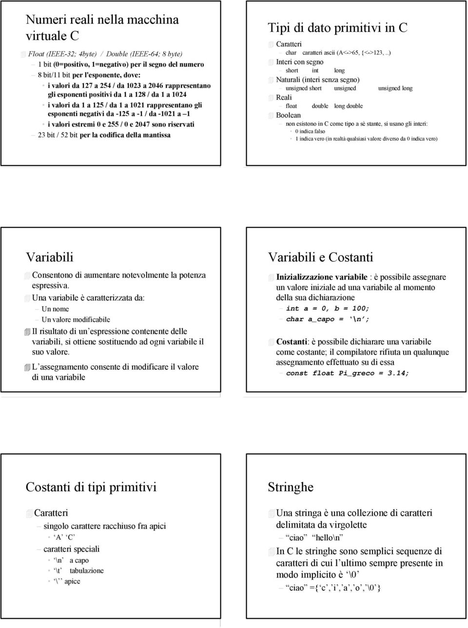 0 e 255 / 0 e 2047 sono riservati 23 bit / 52 bit per la codifica della mantissa Tipi di dato primitivi in C Caratteri char caratteri ascii (A<->65, {<->123,.