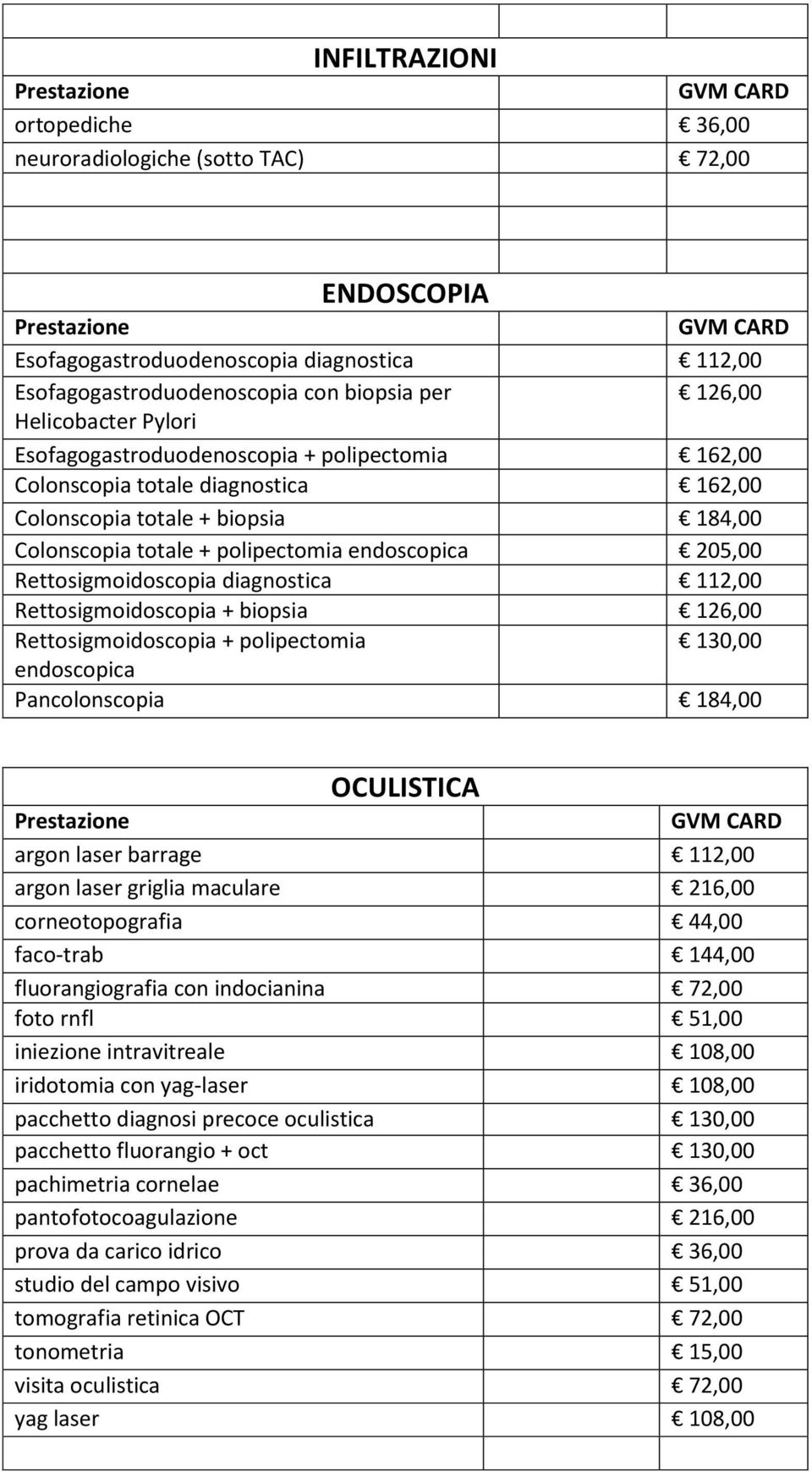 diagnostica 112,00 Rettosigmoidoscopia + biopsia 126,00 Rettosigmoidoscopia + polipectomia 130,00 endoscopica Pancolonscopia 184,00 OCULISTICA argon laser barrage 112,00 argon laser griglia maculare