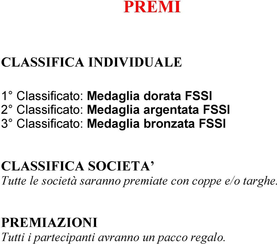 bronzata FSSI CLASSIFICA SOCIETA Tutte le società saranno premiate