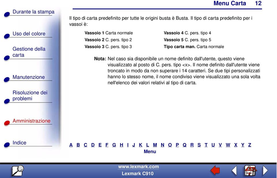 Carta normale Nota: Nel caso sia disponibile un nome definito dall'utente, questo viene visualizzato al posto di C. pers. tipo <x>.