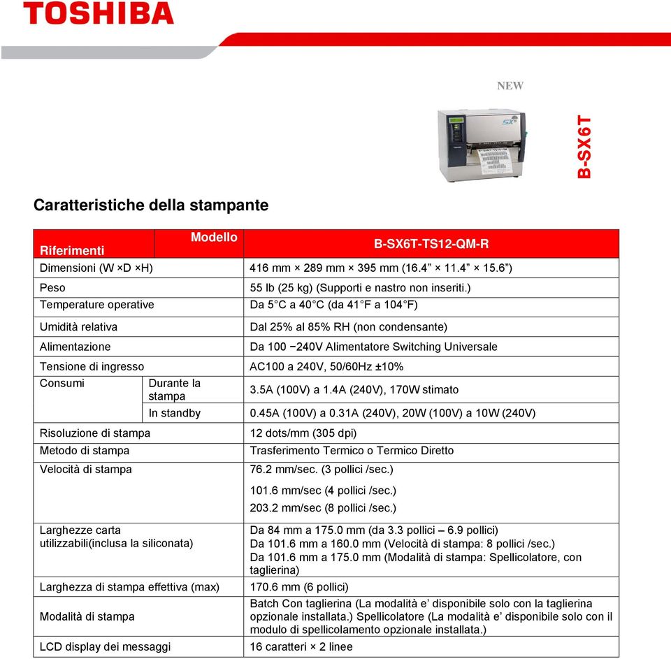 ) Da 5 C a 40 C (da 41 F a 104 F) Dal 25% al 85% RH (non condensante) Da 100 240V Alimentatore Switching Universale Tensione di ingresso AC100 a 240V, 50/60Hz ±10% Consumi Risoluzione di stampa