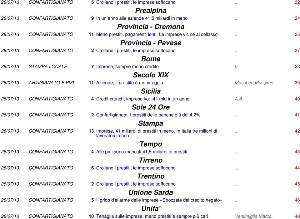 .. 35 Provincia - Pavese 28/07/13 CONFARTIGIANATO 2 Crollano i prestiti, le imprese soffocano... 37 Roma 28/07/13 STAMPA LOCALE 7 Imprese, sempre meno credito 0.