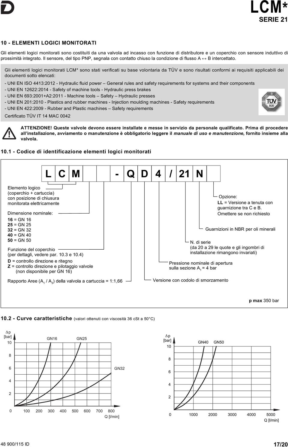 Gli elementi logici monitorati LM* sono stati verificati su base volontaria da TÜV e sono risultati conformi ai requisiti applicabili dei documenti sotto elencati: - UNI EN ISO 4413:2012 - Hydraulic