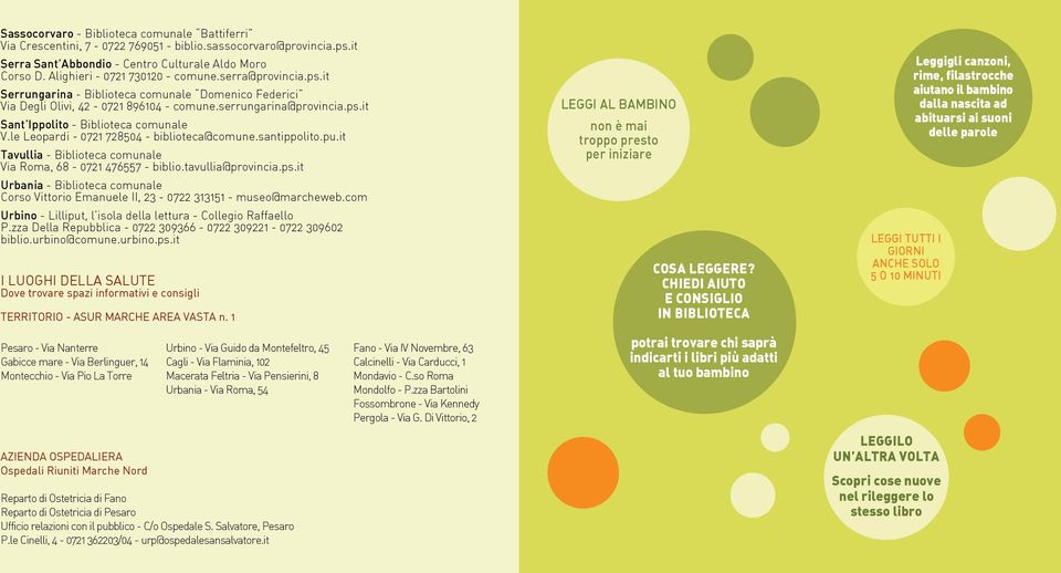 le Leopardi - 0721 728504 - biblioteca@comune.santippolito.pu.it Tavullia - Biblioteca comunale Via Roma, 68-0721 476557 - biblio.tavullia@provincia.ps.