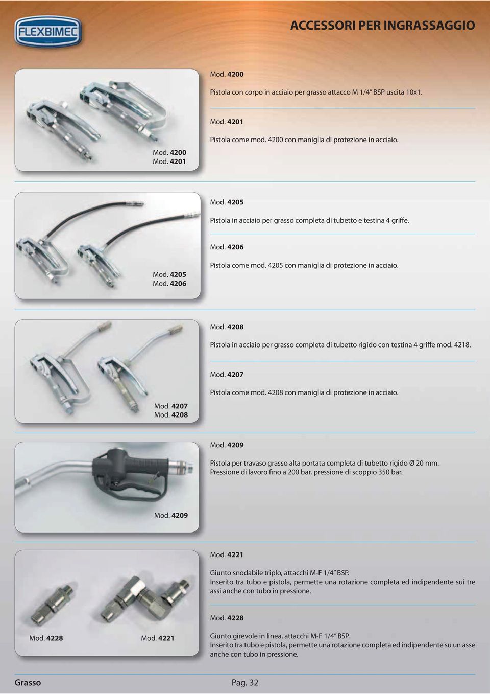 4208 Pistola in acciaio per grasso completa di tubetto rigido con testina 4 griffe mod. 4218. 4207 4207 4208 Pistola come mod. 4208 con maniglia di protezione in acciaio.