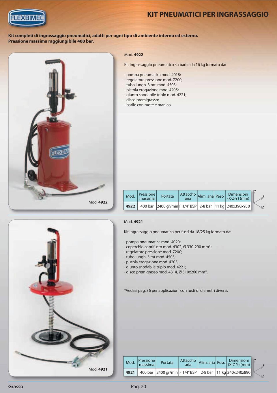4205; - giunto snodabile triplo mod. 4221; - disco premigrasso; - barile con ruote e manico. 4922 massima Attaccho aria Alim.