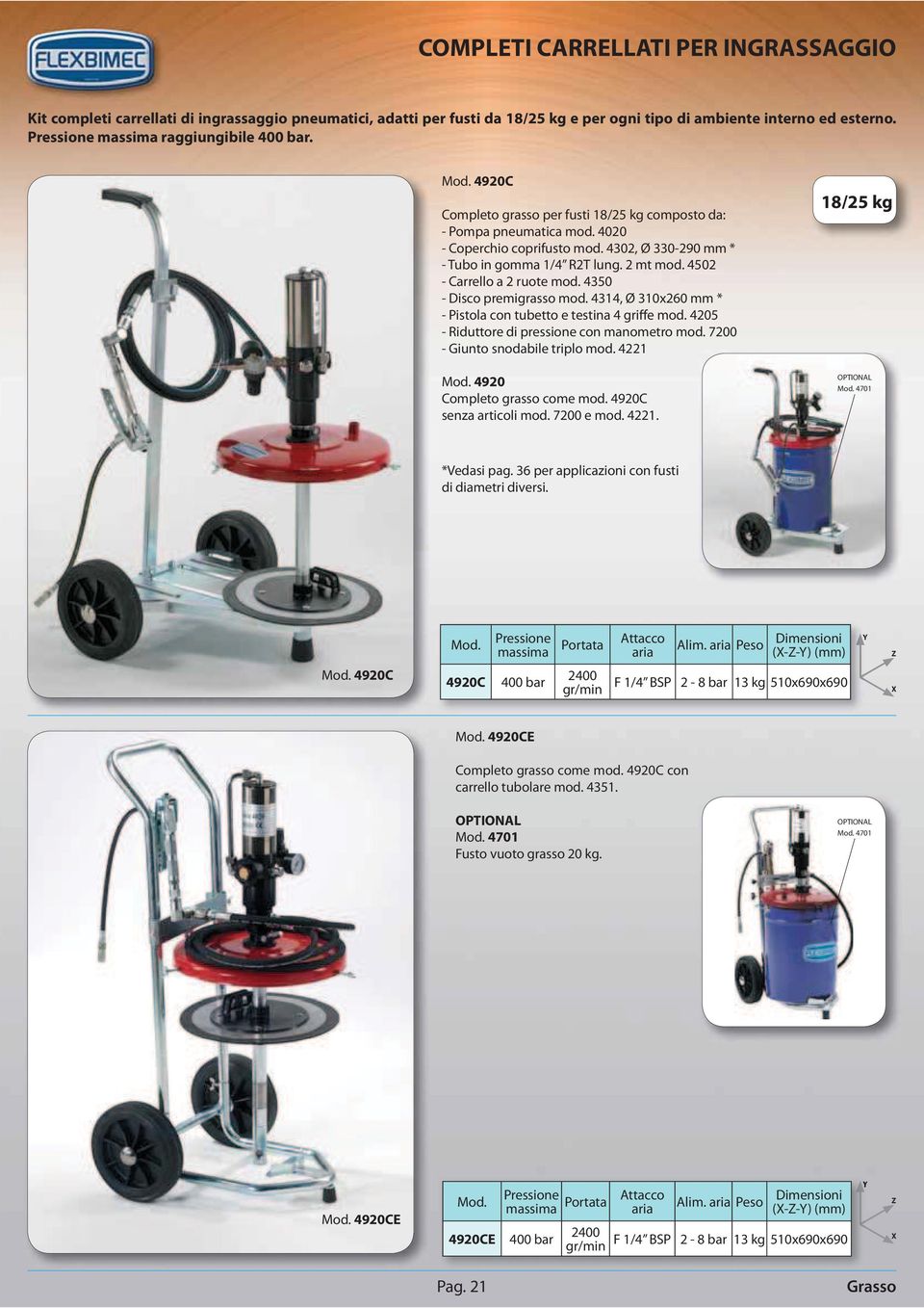 4502 - Carrello a 2 ruote mod. 4350 - Disco premigrasso mod. 4314, Ø 310x260 mm * - Pistola con tubetto e testina 4 griffe mod. 4205 - Riduttore di pressione con manometro mod.