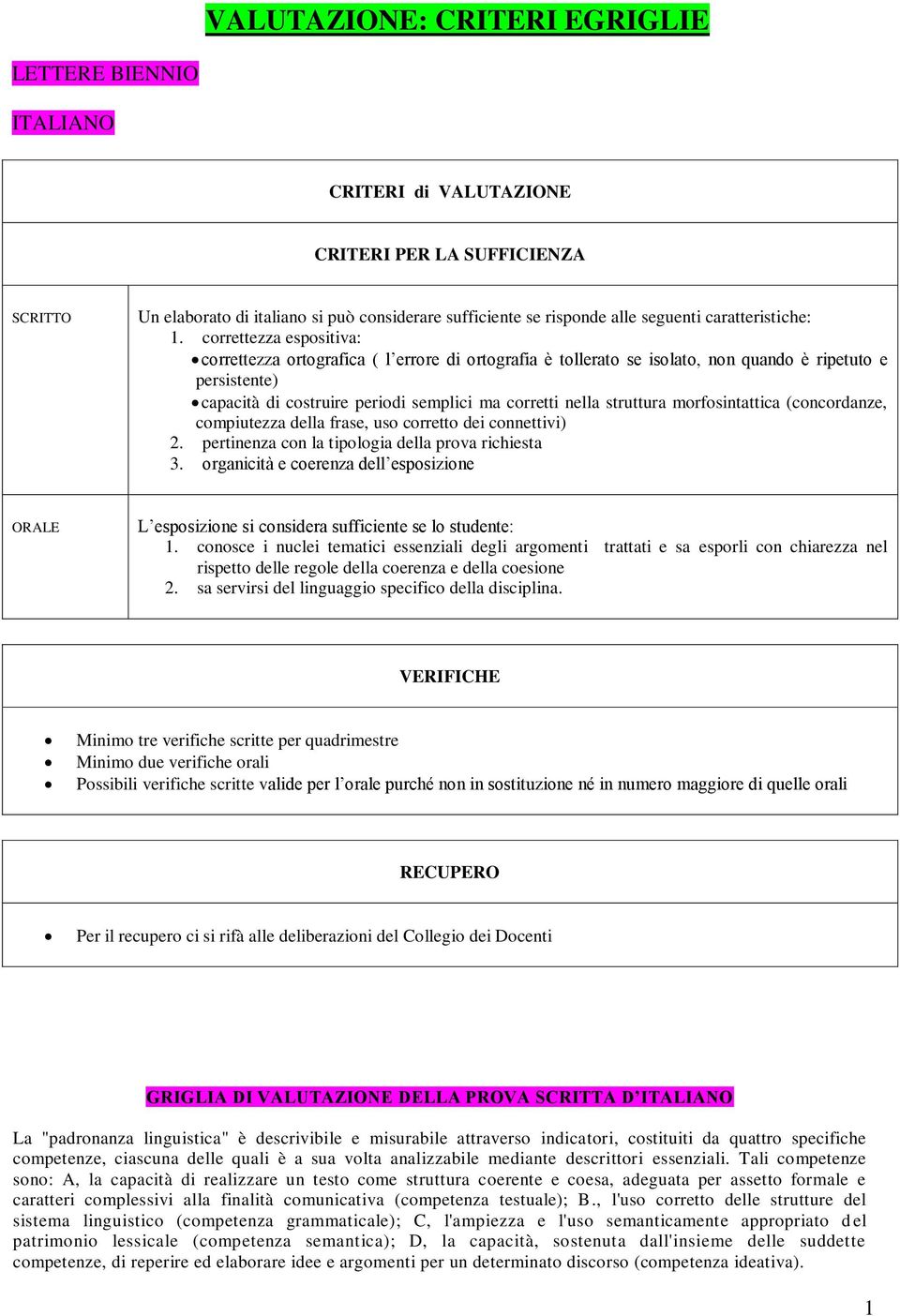 correttezza espositiva: correttezza ortografica ( l errore di ortografia è tollerato se isolato, non quando è ripetuto e persistente) capacità di costruire periodi semplici ma corretti nella