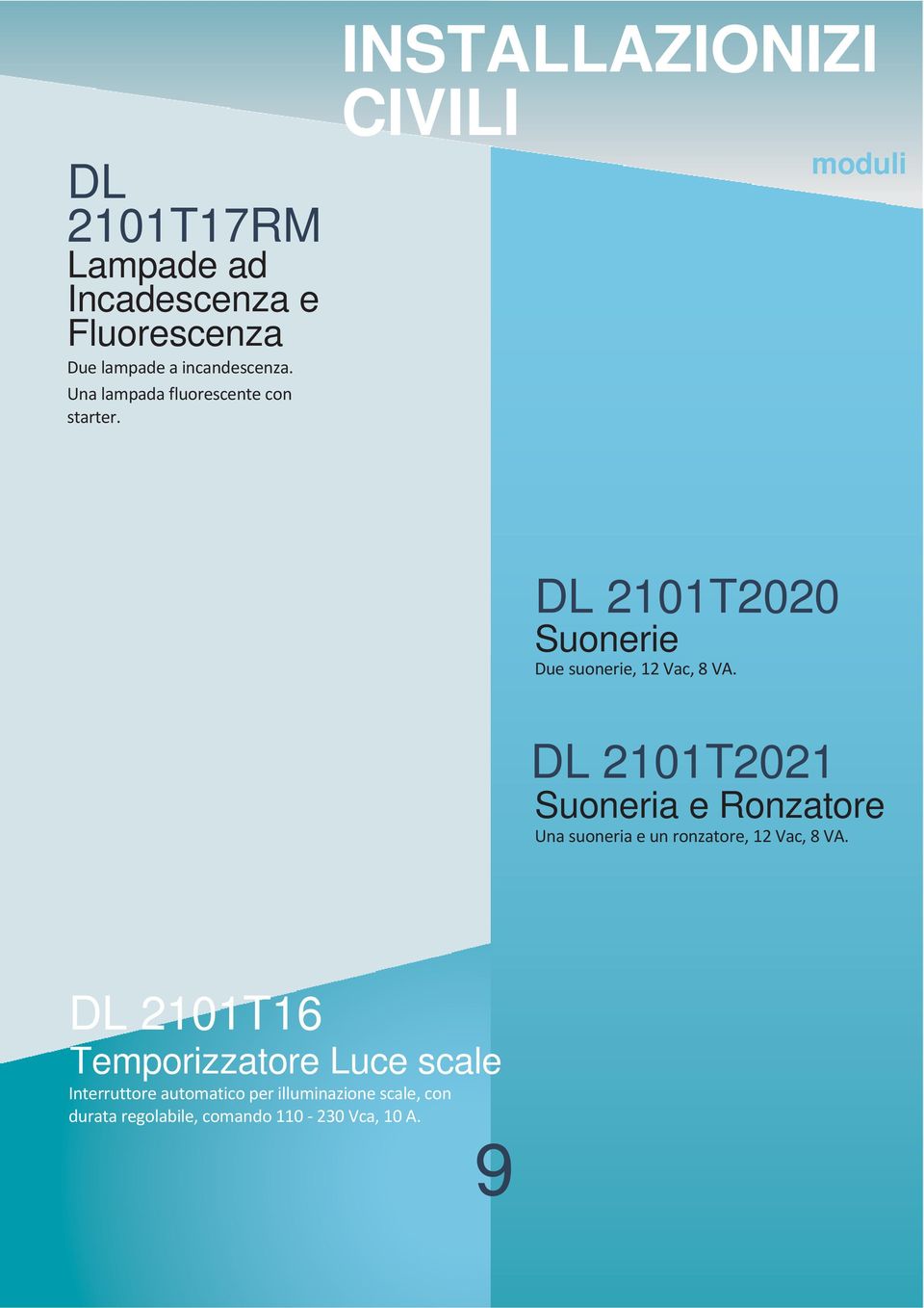 INSTALLAZIONIZI CIVILI moduli DL 2101T2020 Suonerie Due suonerie, 12 Vac, 8 VA.