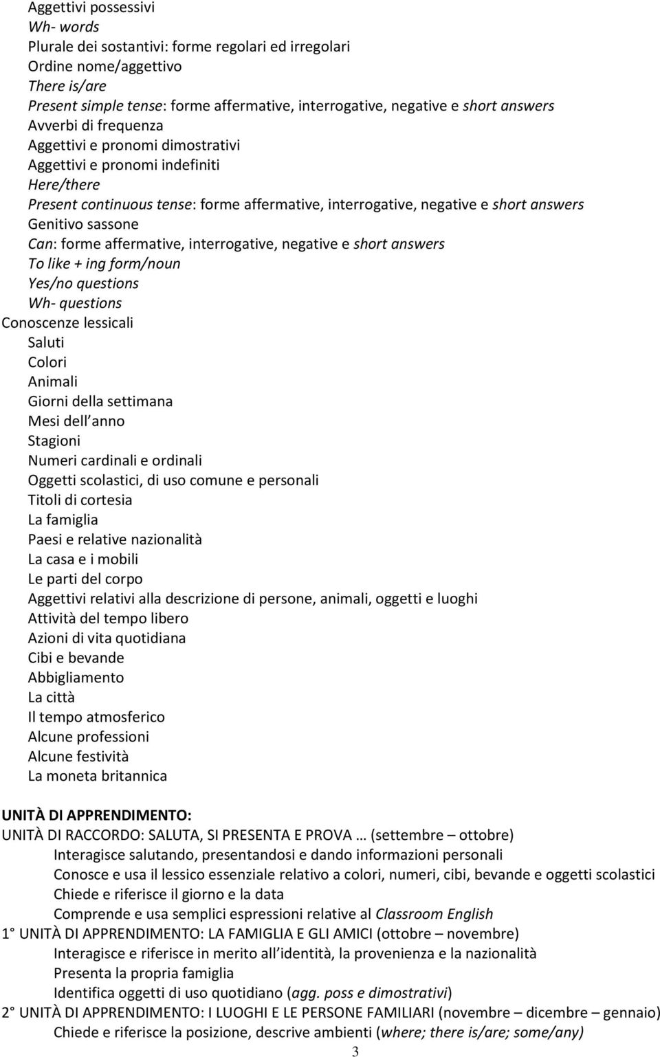 Can: forme affermative, interrogative, negative e short answers To like + ing form/noun Yes/no questions Wh- questions Conoscenze lessicali Saluti Colori Animali Giorni della settimana Mesi dell anno