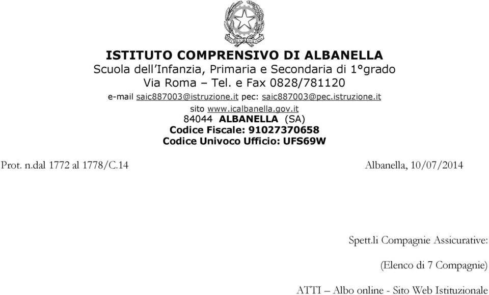 it 84044 ALBANELLA (SA) Codice Fiscale: 91027370658 Codice Univoco Ufficio: UFS69W Prot. n.dal 1772 al 1778/C.