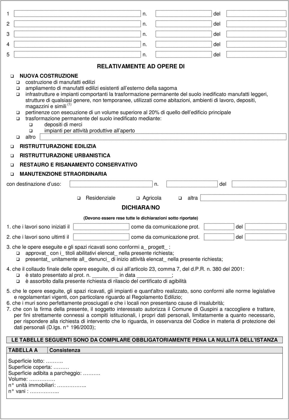 trasformazione permanente del suolo inedificato manufatti leggeri, strutture di qualsiasi genere, non temporanee, utilizzati come abitazioni, ambienti di lavoro, depositi, magazzini e simili (1)