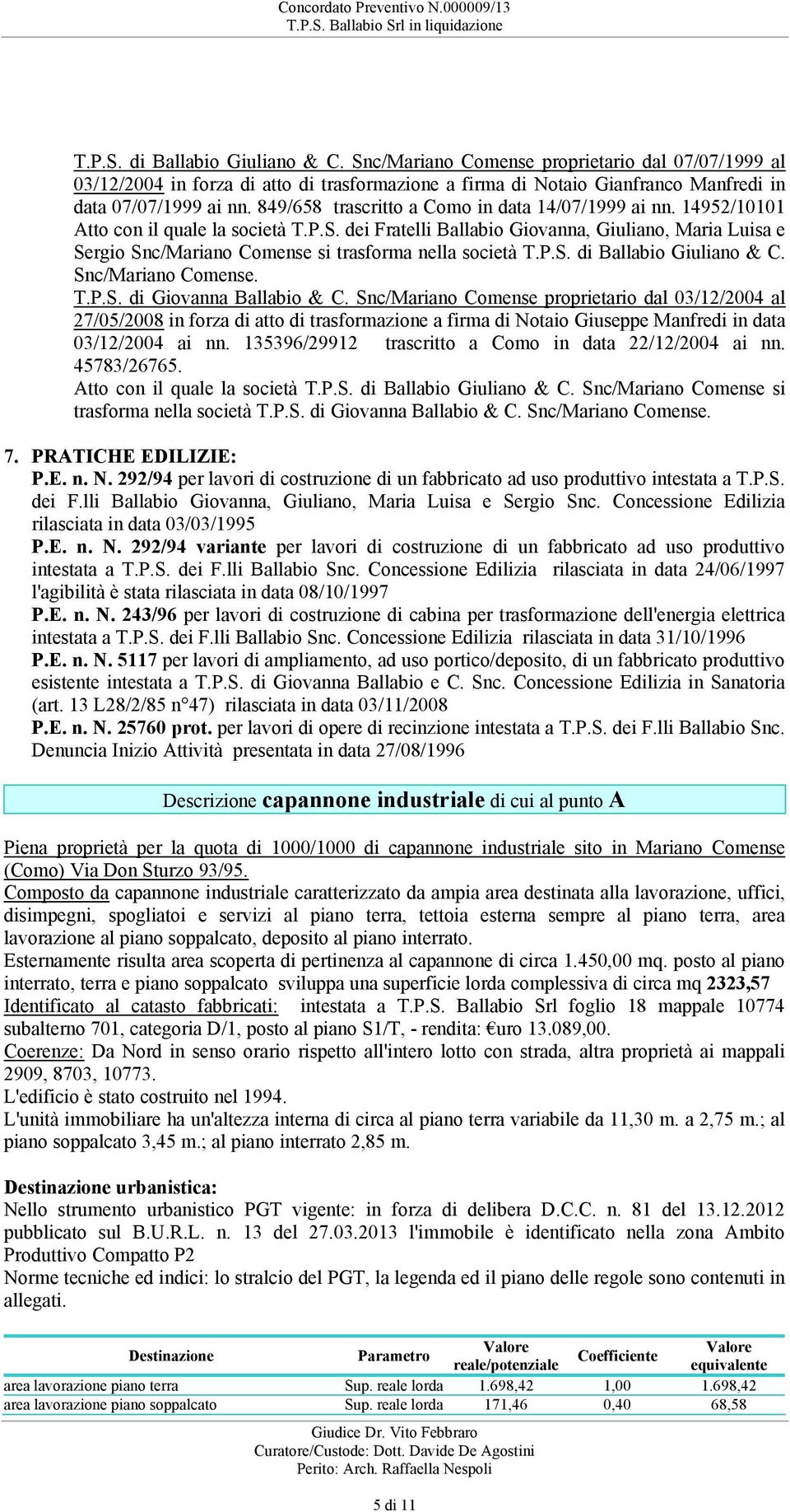 TPS di Ballabio Giuliano & C Snc/Mariano Comense TPS di Giovanna Ballabio & C Snc/Mariano Comense proprietario dal 03/12/2004 al 27/05/2008 in forza di atto di trasformazione a firma di Notaio