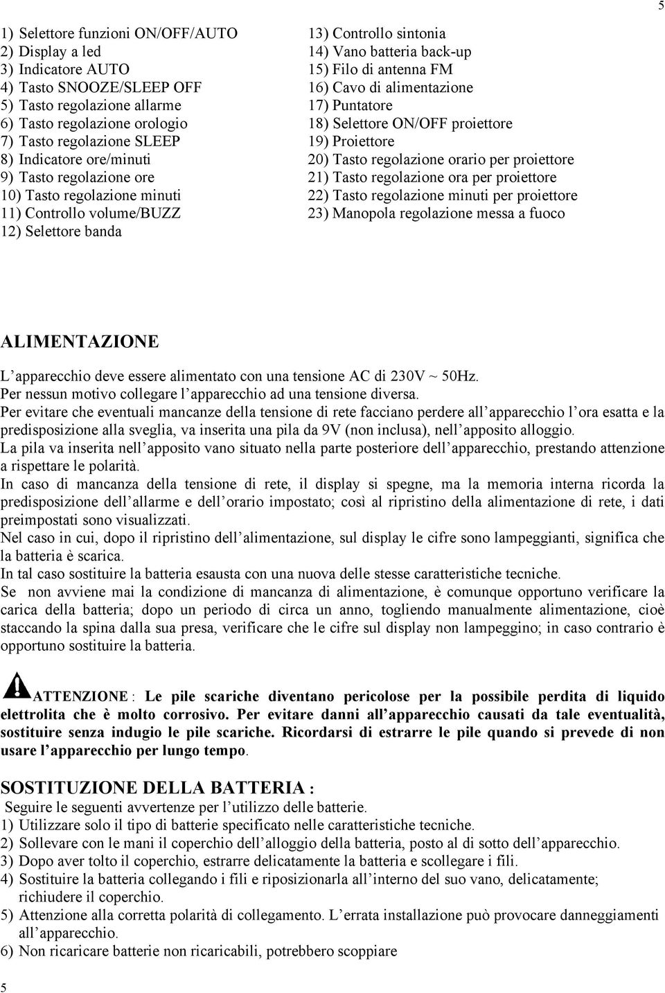 alimentazione 17) Puntatore 18) Selettore ON/OFF proiettore 19) Proiettore 20) Tasto regolazione orario per proiettore 21) Tasto regolazione ora per proiettore 22) Tasto regolazione minuti per