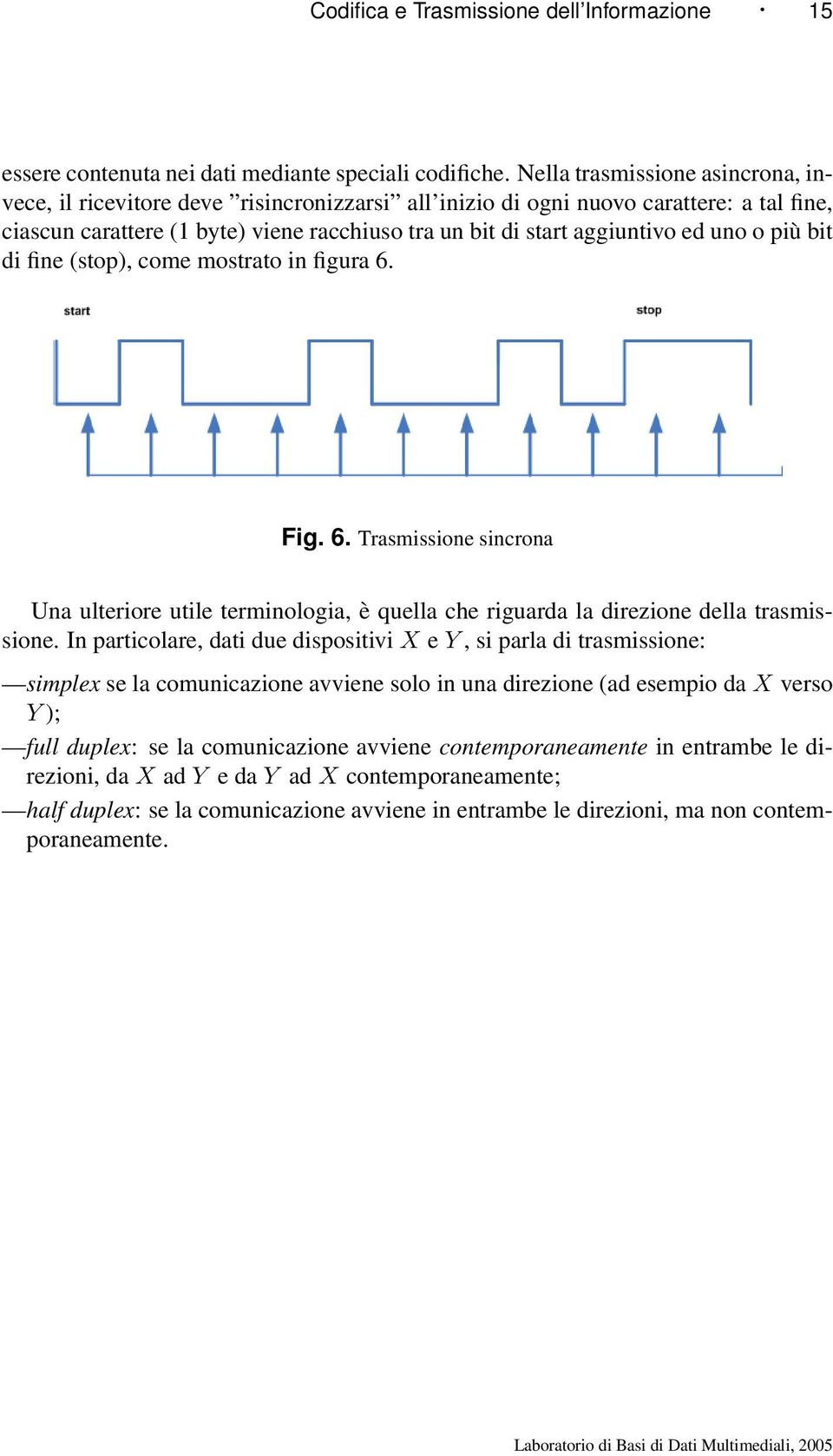 uno o più bit di fine (stop), come mostrato in figura 6. Fig. 6. Trasmissione sincrona Una ulteriore utile terminologia, è quella che riguarda la direzione della trasmissione.