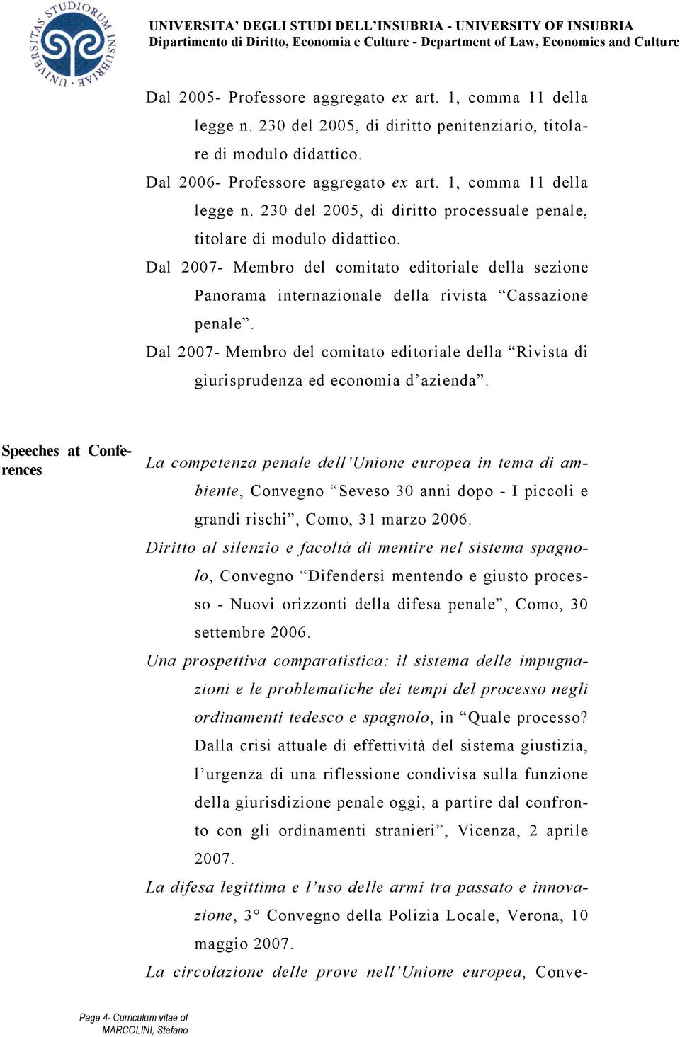 Dal 2007- Membro del comitato editoriale della sezione Panorama internazionale della rivista Cassazione penale.