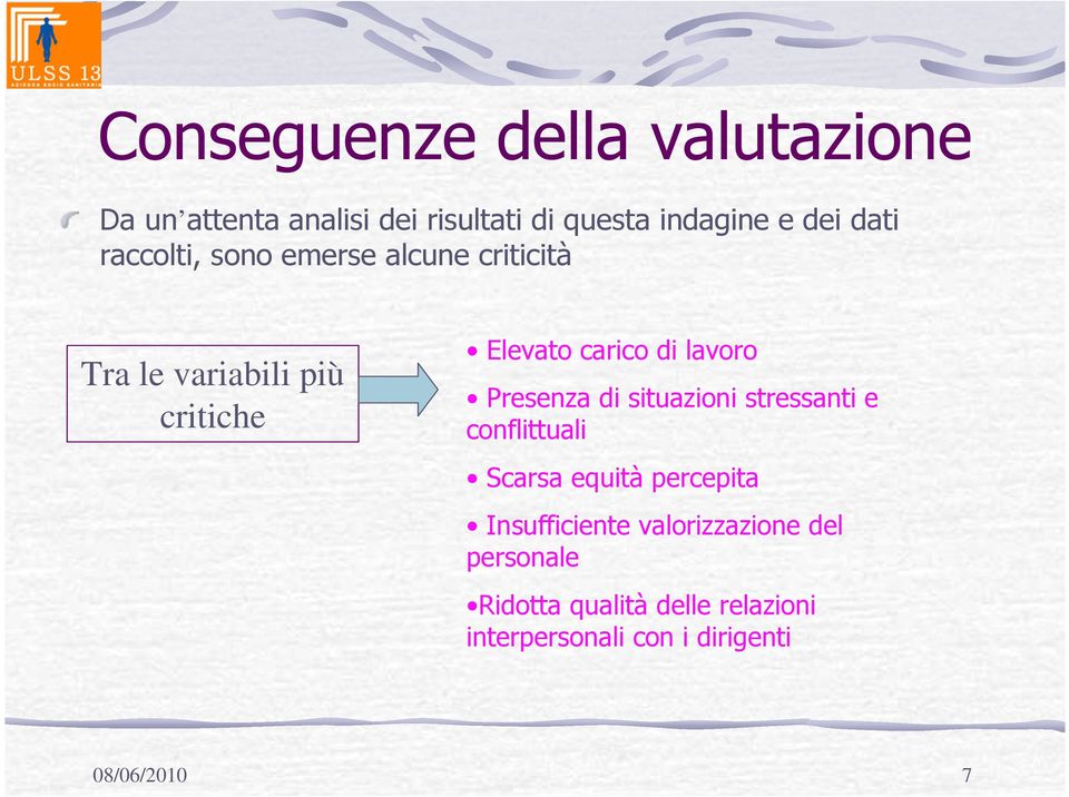 Presenza di situazioni stressanti e conflittuali Scarsa equità percepita Insufficiente