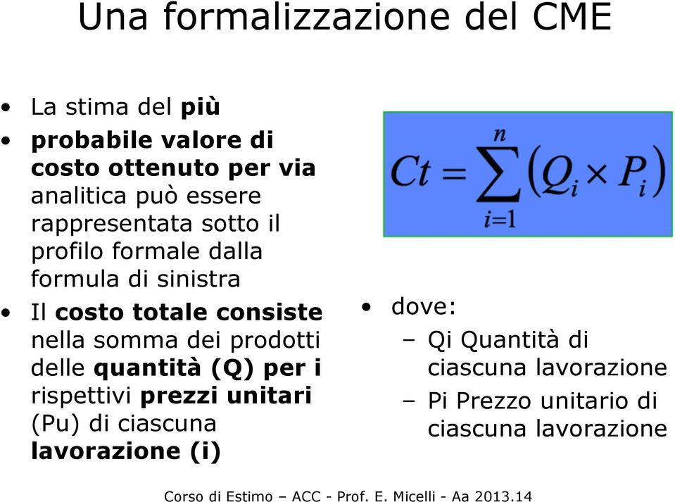 consiste nella somma dei prodotti delle quantità (Q) per i rispettivi prezzi unitari (Pu) di