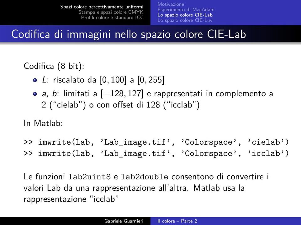 128 ( icclab ) In Matlab: >> imwrite(lab, Lab_image.tif, Colorspace, cielab ) >> imwrite(lab, Lab_image.