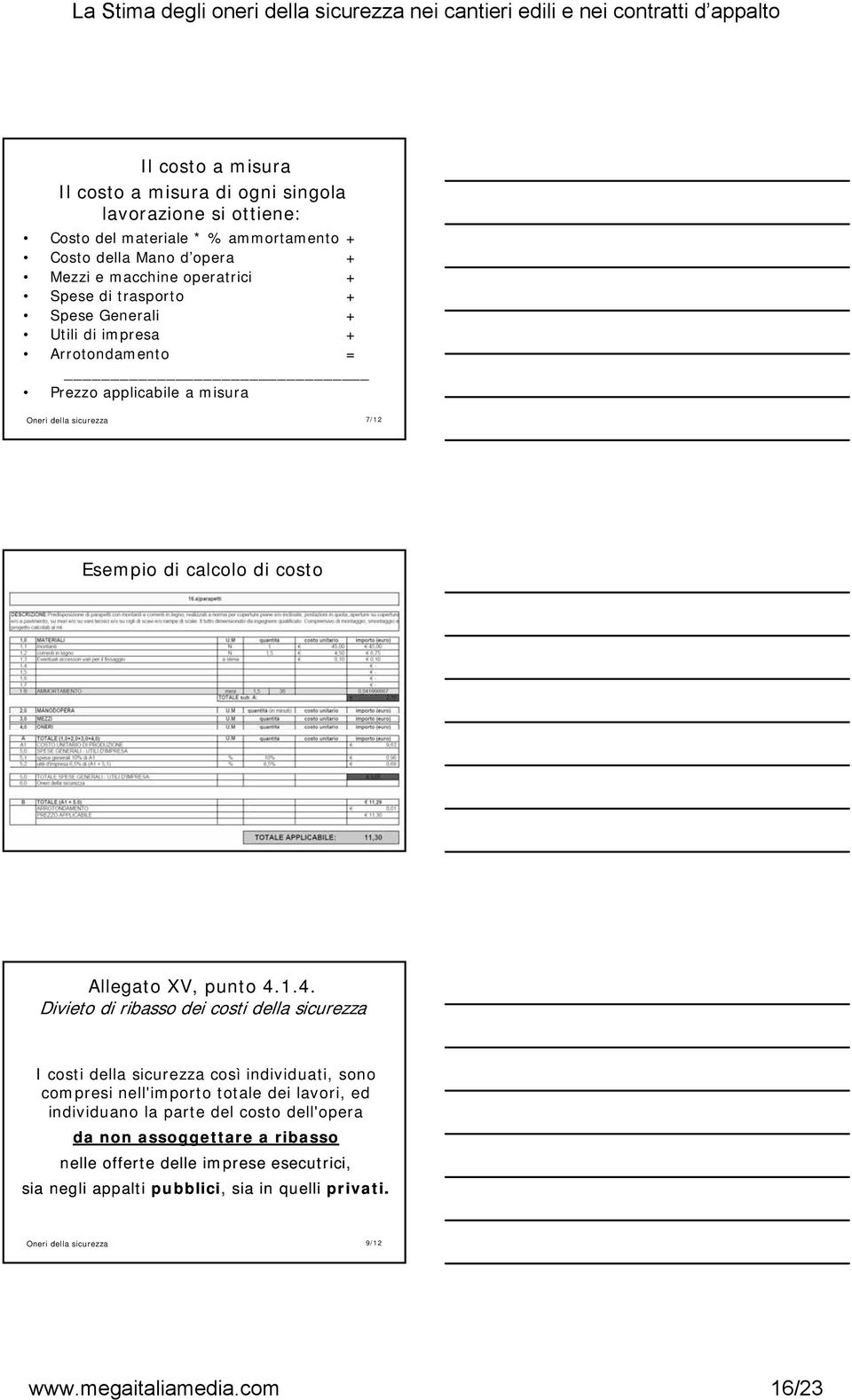 1.4. Divieto di ribasso dei costi della sicurezza I costi della sicurezza così individuati, sono compresi nell'importo totale dei lavori, ed individuano la parte del