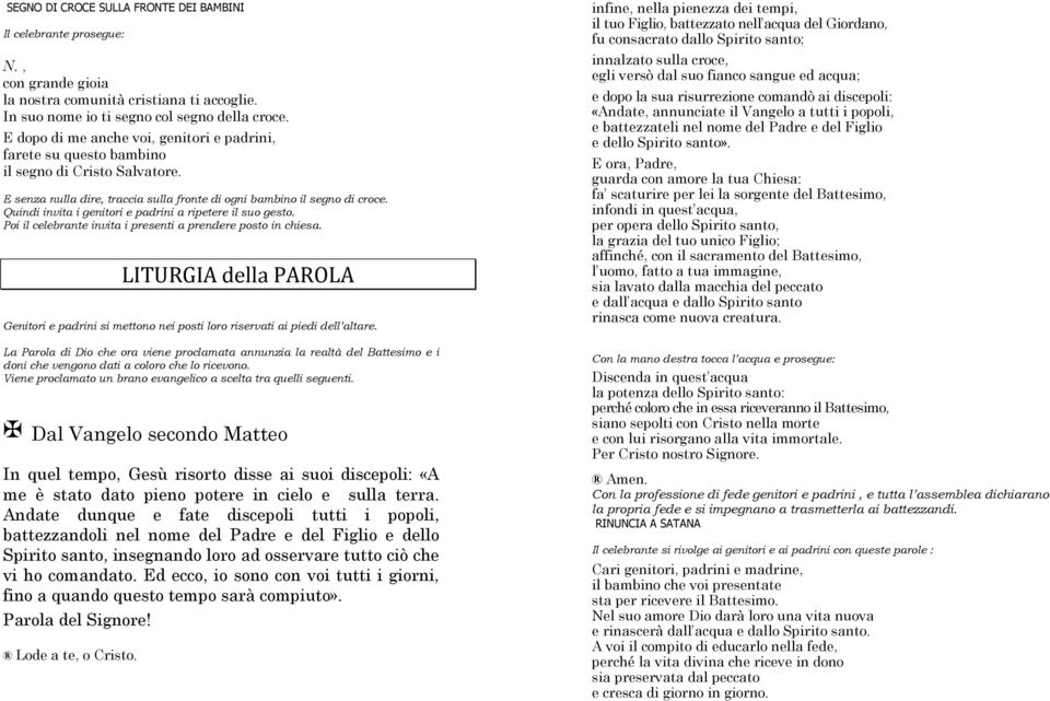 Quindi invita i genitori e padrini a ripetere il suo gesto. Poi il celebrante invita i presenti a prendere posto in chiesa.