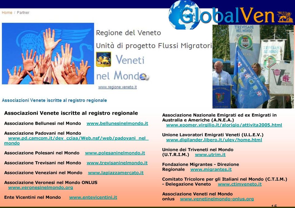 org Ente Vicentini nel Mondo www.polesaninelmondo.it www.trevisaninelmondo.it www.lapiazzamercato.it www.entevicentini.it Associazione Nazionale Emigrati ed ex Emigrati in Australia e Americhe (A.N.E.A.) www.