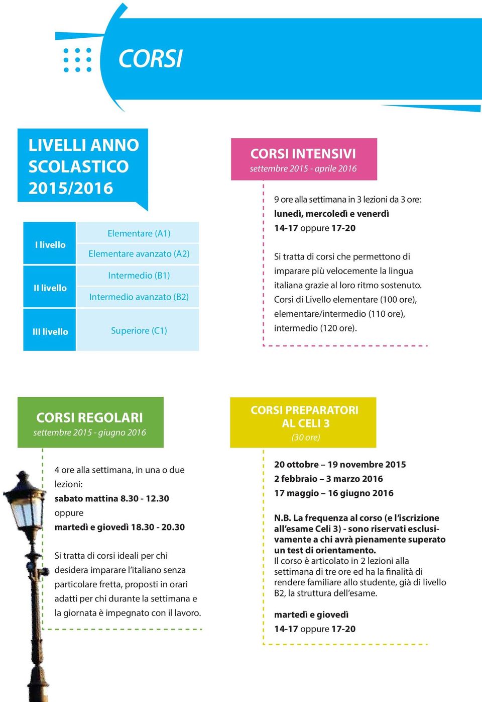 al loro ritmo sostenuto. Corsi di Livello elementare (100 ore), elementare/intermedio (110 ore), intermedio (120 ore).