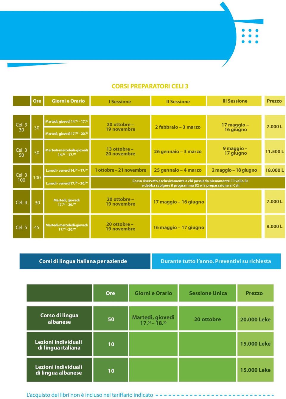 500 L Celi 3 100 100 Lunedì - venerdì14. 00 17. 00 Lunedì - venerdì17. 00 20. 00 1 ottobre 21 novembre 25 gennaio 4 marzo 2 maggio 18 giugno 18.