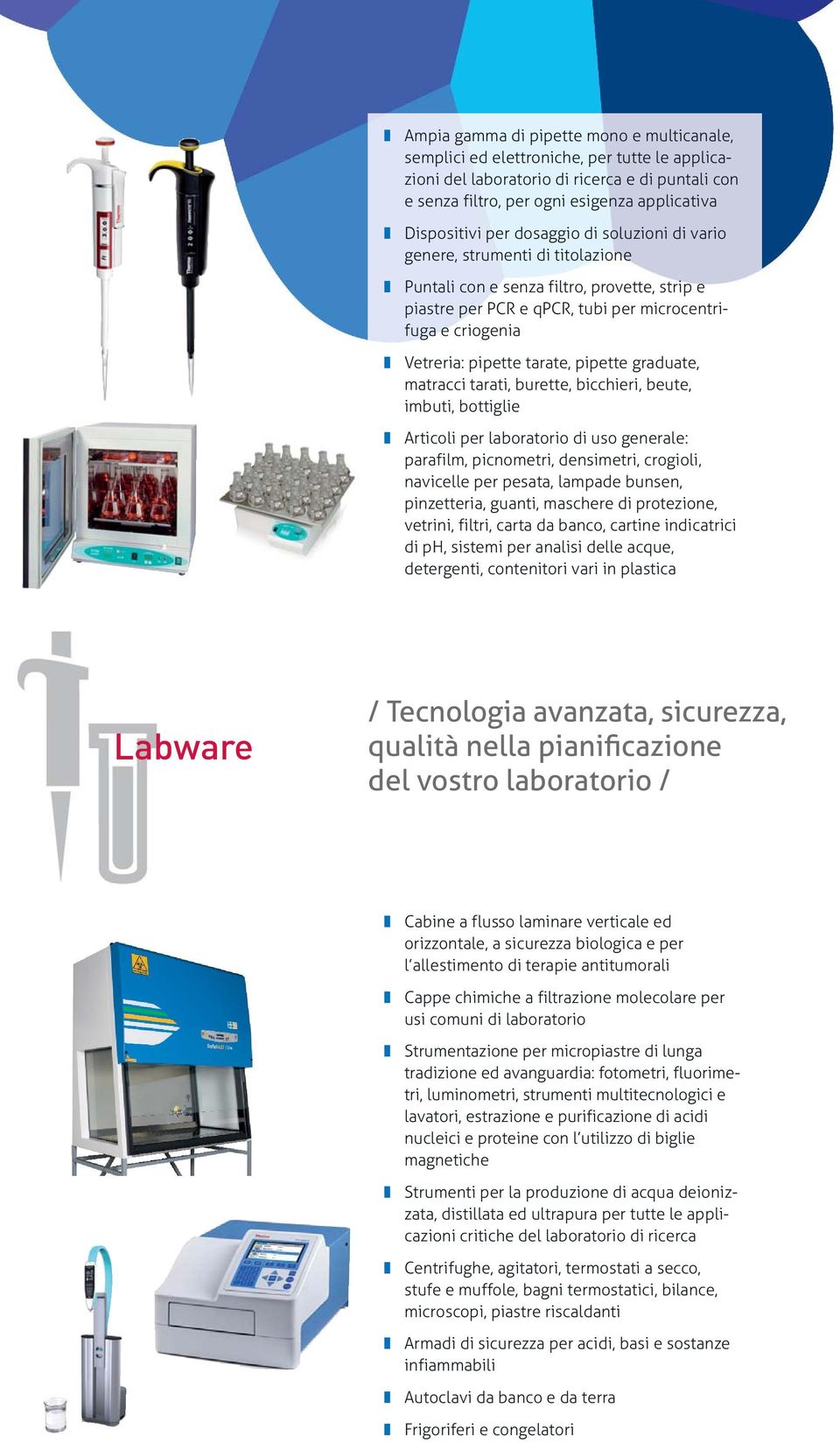 tarate, pipette graduate, matracci tarati, burette, bicchieri, beute, imbuti, bottiglie Articoli per laboratorio di uso generale: parafilm, picnometri, densimetri, crogioli, navicelle per pesata,