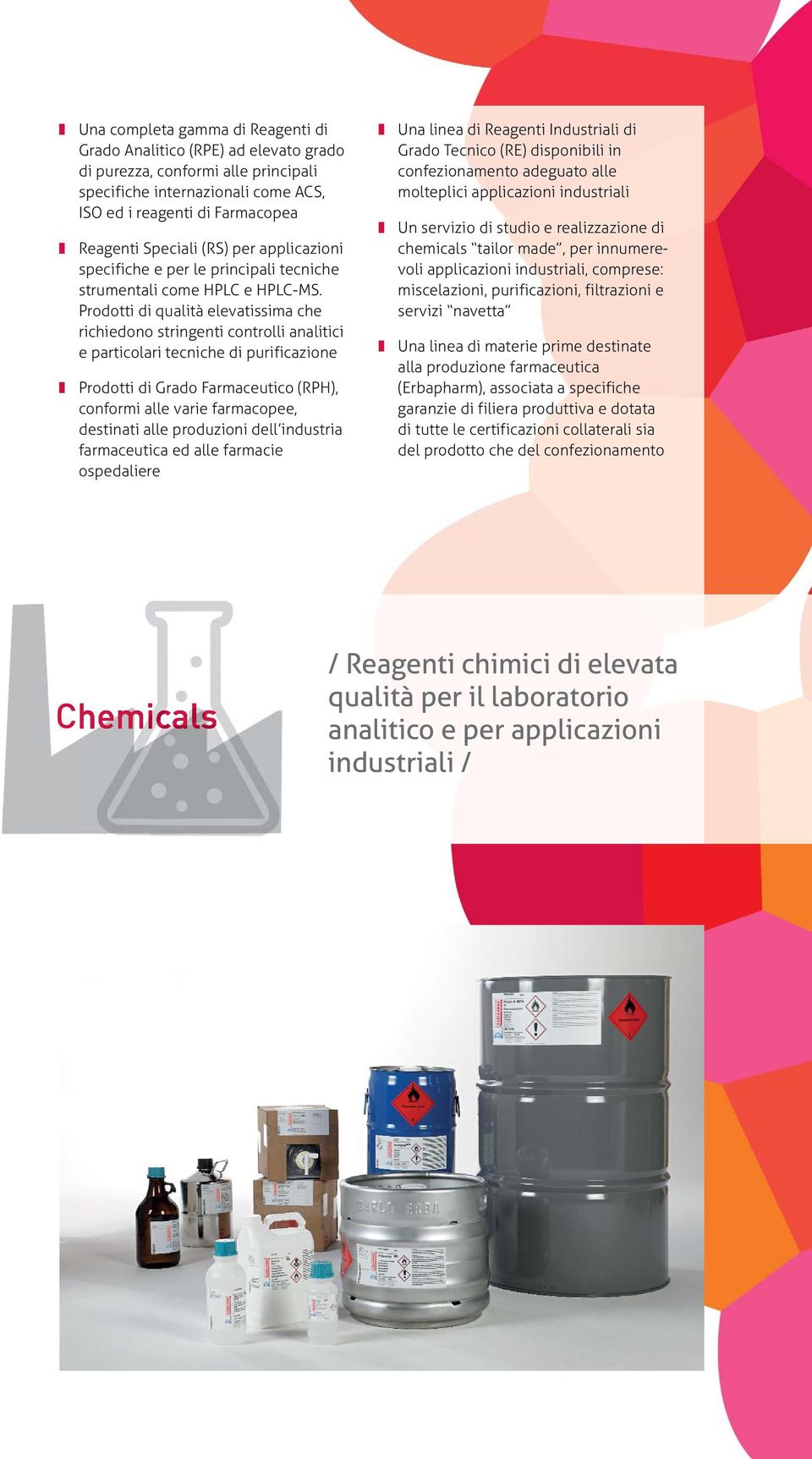 Prodotti di qualità elevatissima che richiedono stringenti controlli analitici e particolari tecniche di purificazione Prodotti di Grado Farmaceutico (RPH), conformi alle varie farmacopee, destinati