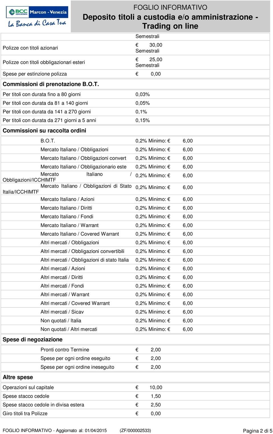 Per titoli con durata fino a 80 giorni 0,03% Per titoli con durata da 81 a 140 giorni 0,05% Per titoli con durata da 141 a 270 giorni 0,1% Per titoli con durata da 271 giorni a 5 anni 0,15%