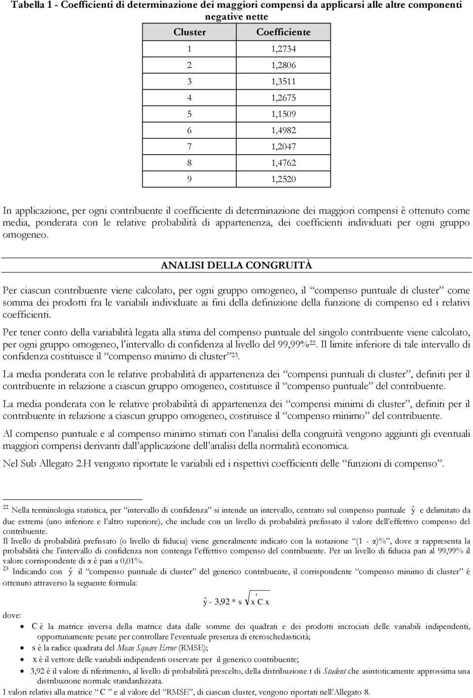 coefficienti individuati per ogni gruppo omogeneo.