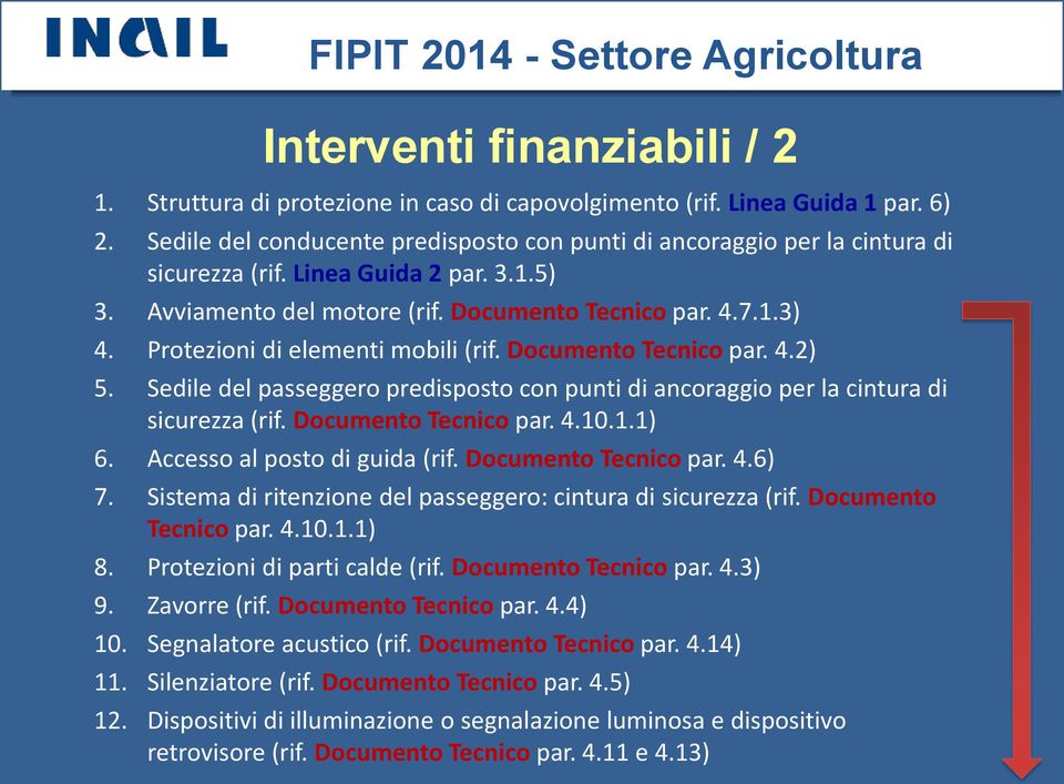 Protezioni di elementi mobili (rif. Documento Tecnico par. 4.2) 5. Sedile del passeggero predisposto con punti di ancoraggio per la cintura di sicurezza (rif. Documento Tecnico par. 4.10.1.1) 6.