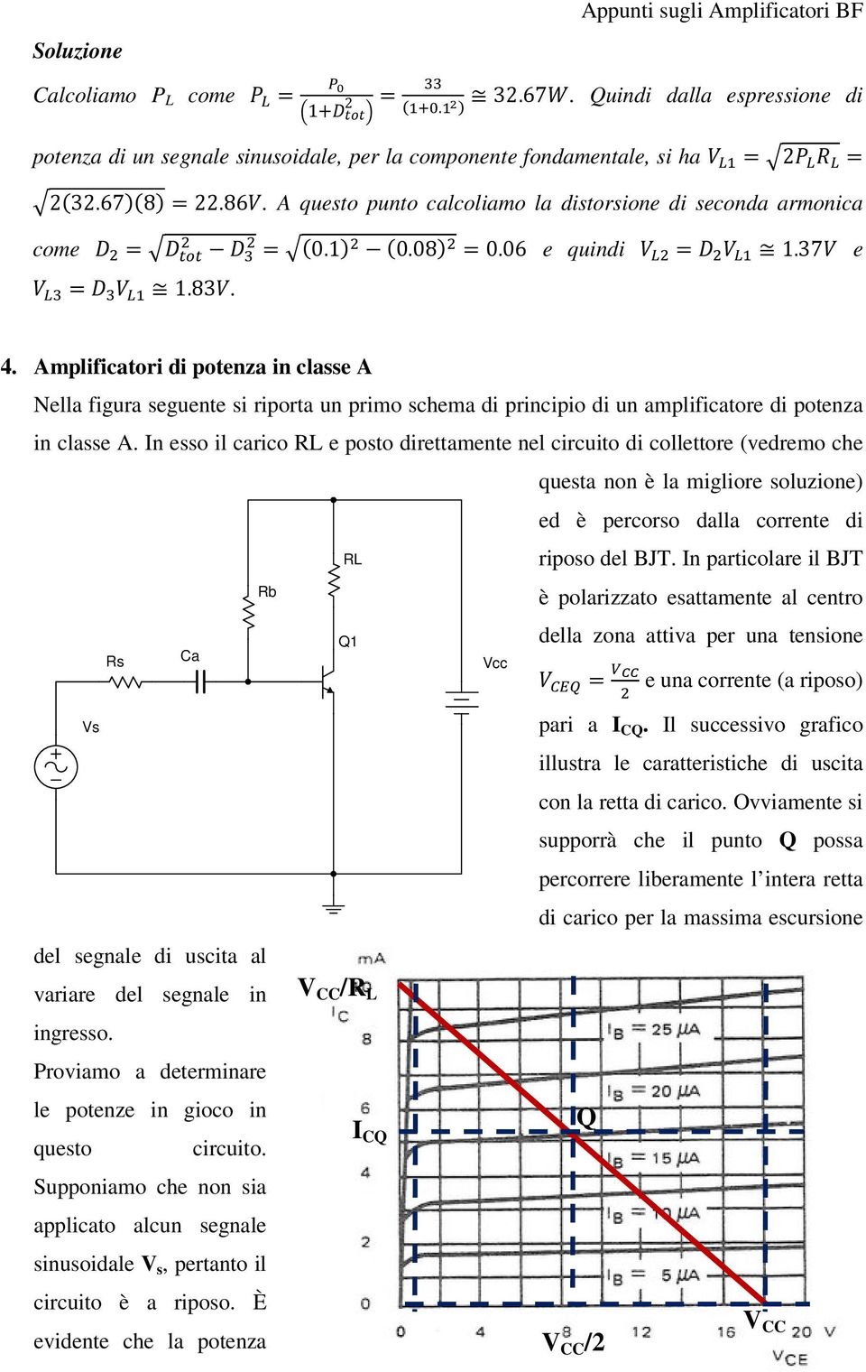 Amplificatori di potenza in classe A Nella figura seguente si riporta un primo schema di principio di un amplificatore di potenza in classe A.