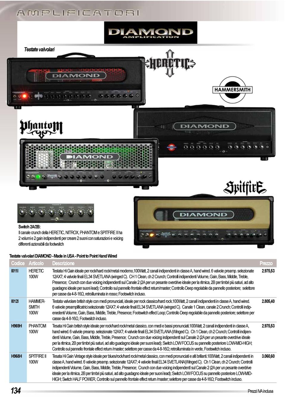 CH 1 Clean, ch 2 Crunch; Controlli indipendenti Volume, Gain, Bass, Middle, Treble, Presence; Crunch con due voicing indipendenti sul Canale 2 (2A per un pesante overdrive ideale per la ritmica, 2B