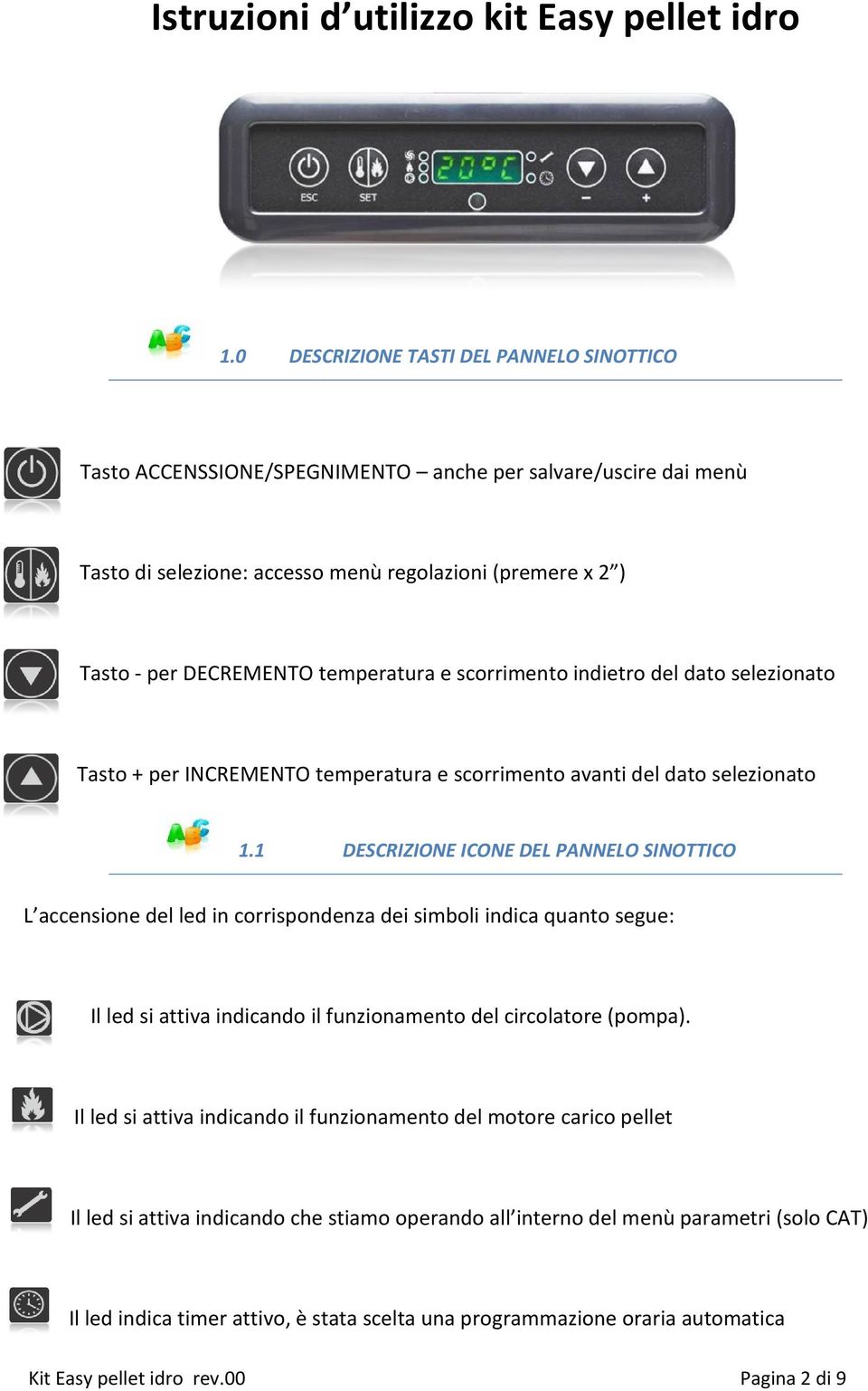 1 DESCRIZIONE ICONE DEL PANNELO SINOTTICO L accensione del led in corrispondenza dei simboli indica quanto segue: Il led si attiva indicando il funzionamento del circolatore (pompa).