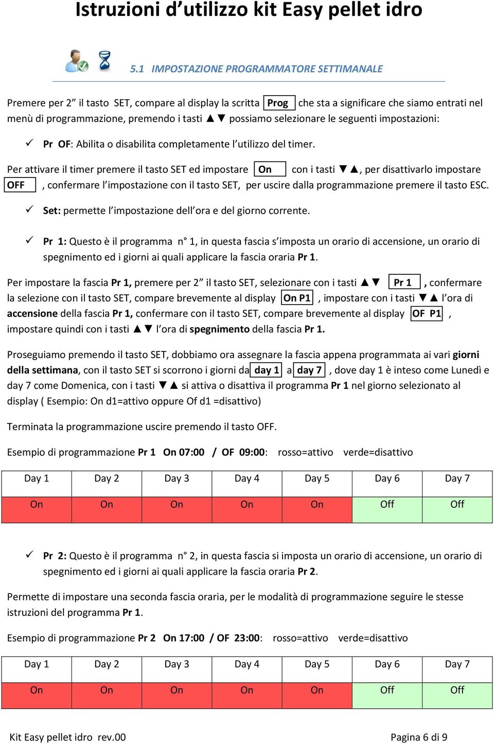 Per attivare il timer premere il tasto SET ed impostare On con i tasti, per disattivarlo impostare OFF, confermare l impostazione con il tasto SET, per uscire dalla programmazione premere il tasto