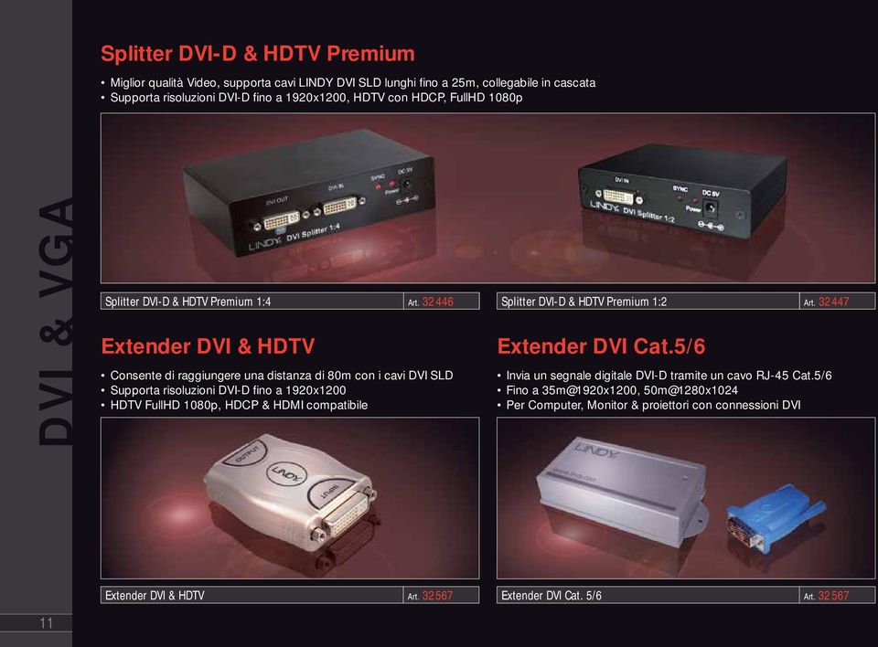 32447 Extender DVI & HDTV Consente di raggiungere una distanza di 80m con i cavi DVI SLD Supporta risoluzioni DVI-D fi no a 1920x1200 HDTV FullHD 1080p, HDCP & HDMI compatibile