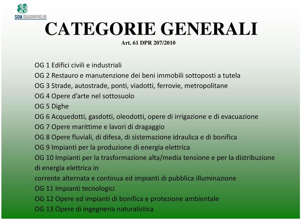 arte nel sottosuolo OG 5 Dighe OG 6 Acquedotti, gasdotti, oleodotti, opere di irrigazione e di evacuazione OG 7 Opere marittime e lavori di dragaggio OG 8 Opere fluviali, di difesa, di sistemazione