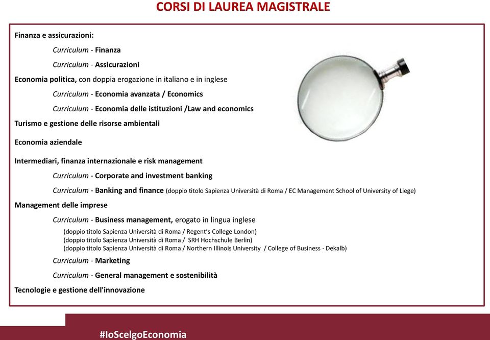 Corporate and investment banking Curriculum - Banking and finance (doppio titolo Sapienza Università di Roma / EC Management School of University of Liege) Management delle imprese Curriculum -