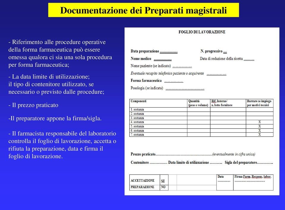 utilizzato, se necessario o previsto dalle procedure; - Il prezzo praticato -Il preparatore appone la firma/sigla.