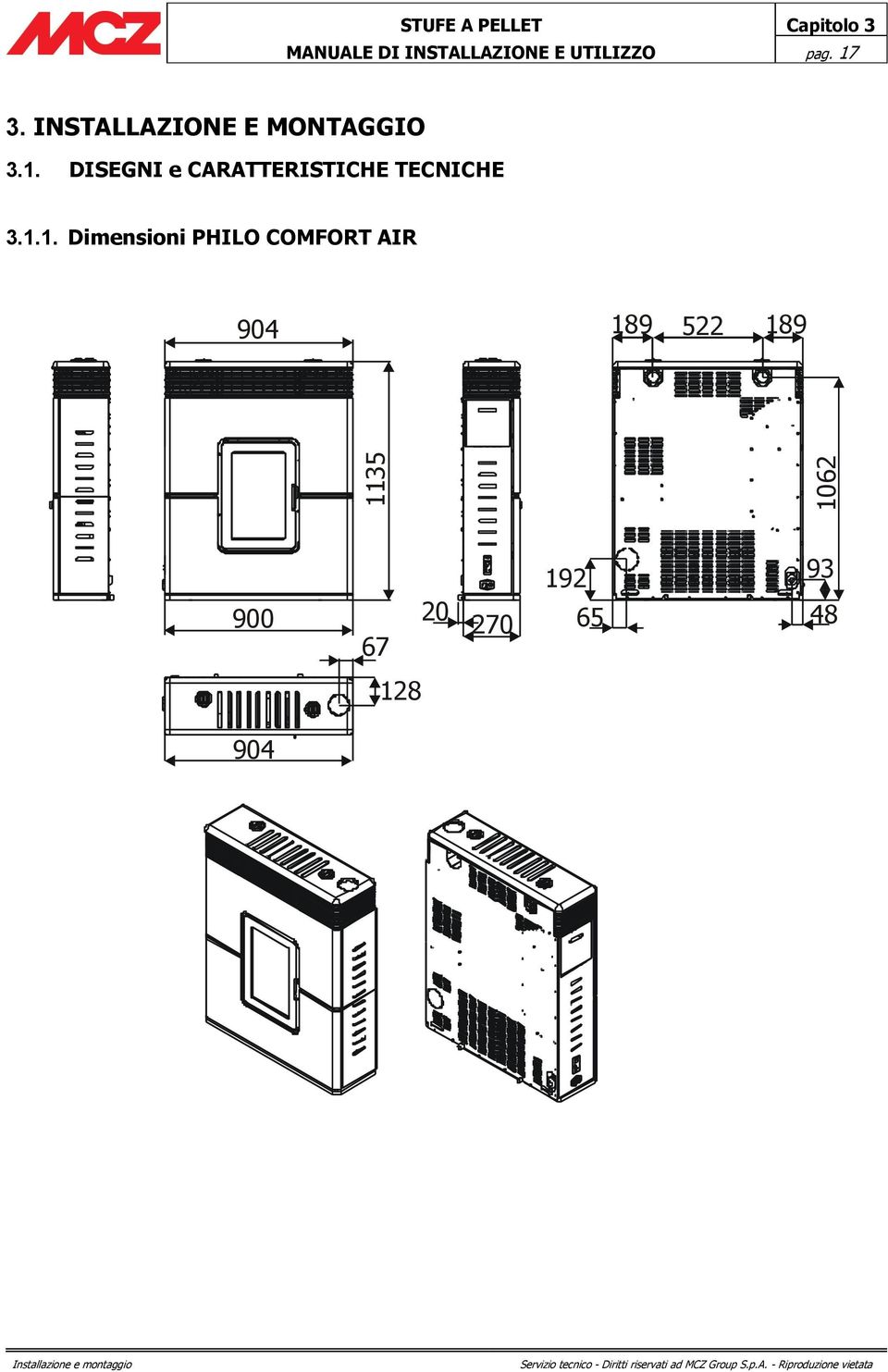 1.1. Dimensioni PHILO COMFORT AIR 904 189 522 189 1135 1062 192