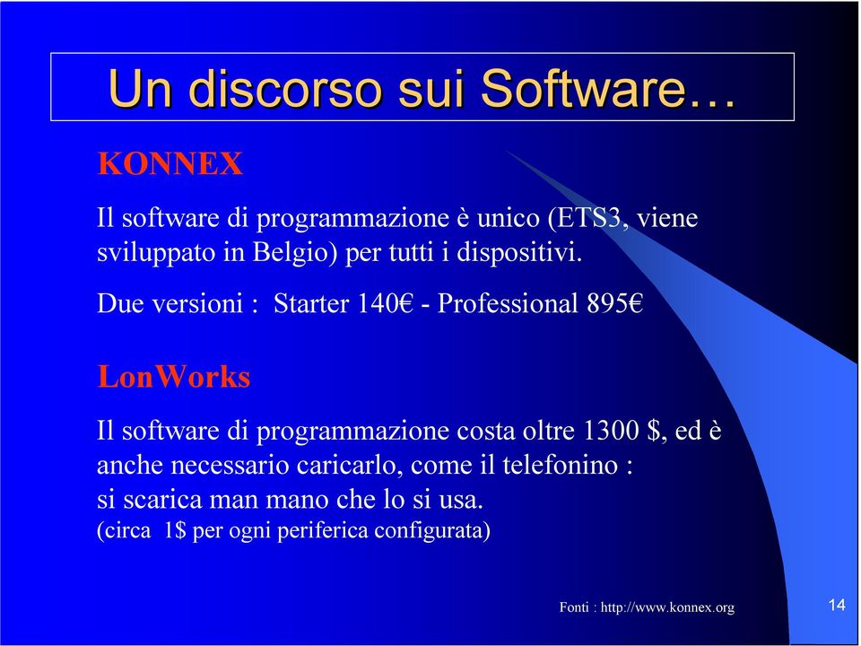 Due versioni : Starter 140 - Professional 895 LonWorks Il software di programmazione costa oltre