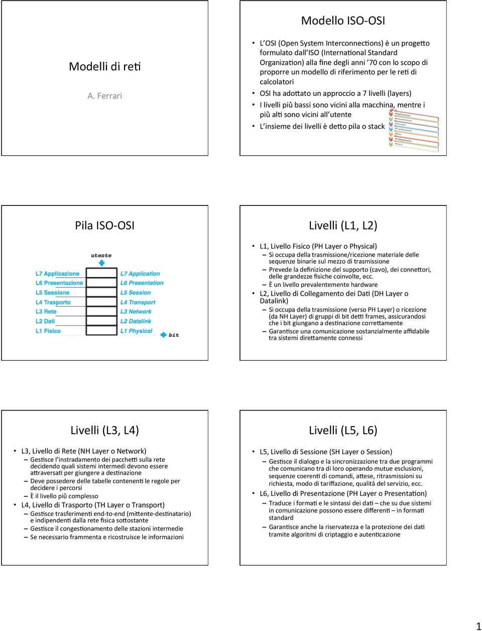 di calcolatori OSI ha adoaato un approccio a 7 livelli (layers) I livelli più bassi sono vicini alla macchina, mentre i più al* sono vicini all utente L insieme dei livelli è deao pila o stack Pila