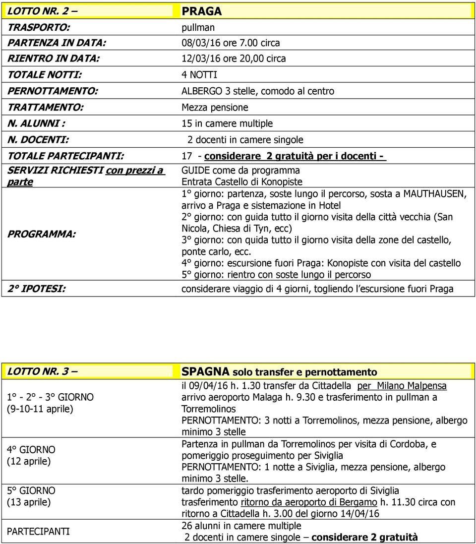 DOCENTI: 2 docenti in camere singole TOTALE PARTECIPANTI: 17 - considerare 2 gratuità per i docenti - PROGRAMMA: GUIDE come da programma Entrata Castello di Konopiste 1 giorno: nza, soste lungo il