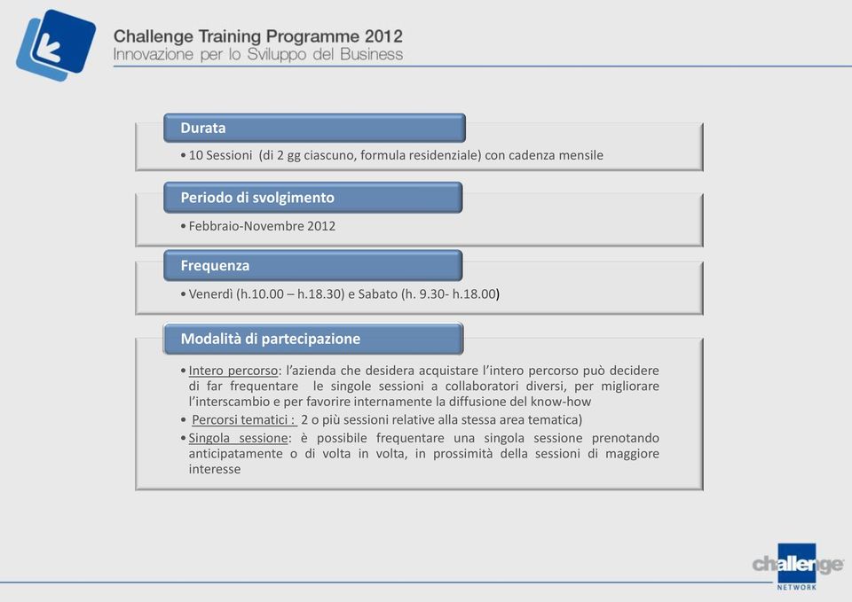 00) Modalità di partecipazione Intero percorso: l azienda che desidera acquistare l intero percorso può decidere di far frequentare le singole sessioni a collaboratori