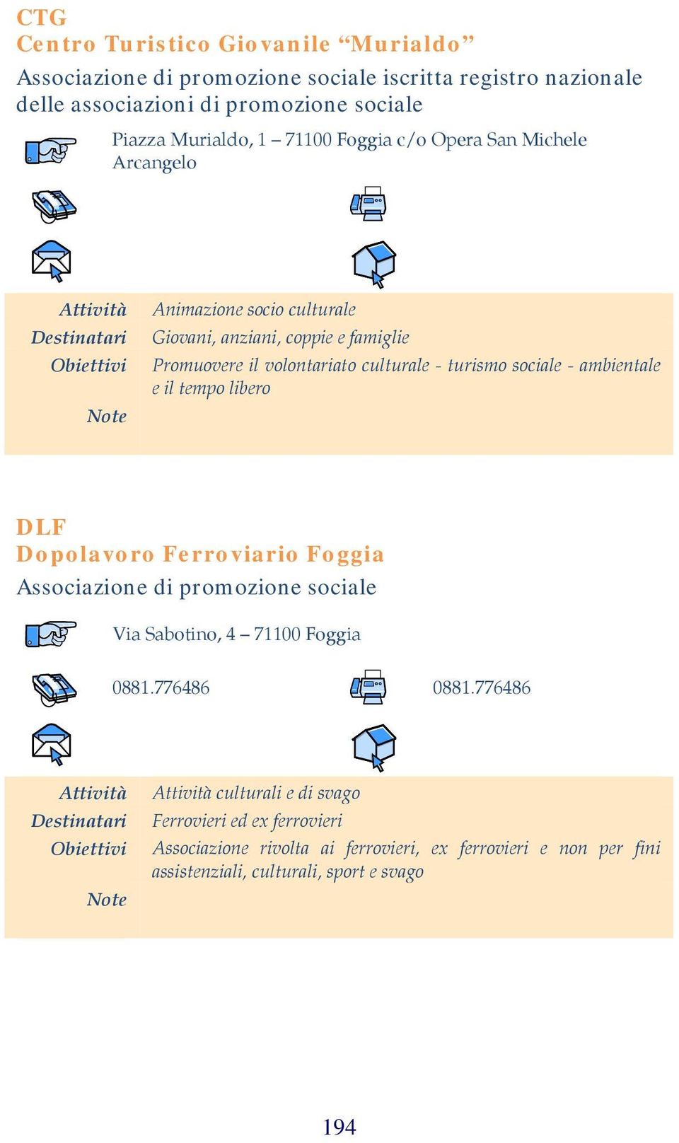 libero DLF Dopolavoro Ferroviario Foggia Via Sabotino, 4 71100 Foggia 0881.776486 0881.
