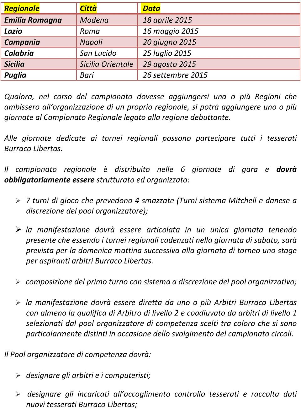 Campionato Regionale legato alla regione debuttante. Alle giornate dedicate ai tornei regionali possono partecipare tutti i tesserati Burraco Libertas.