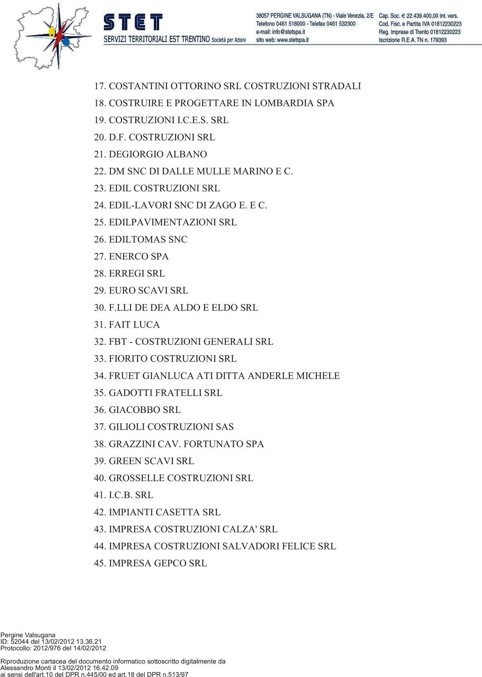 LLI DE DEA ALDO E ELDO SRL 31. FAIT LUCA 32. FBT - COSTRUZIONI GENERALI SRL 33. FIORITO COSTRUZIONI SRL 34. FRUET GIANLUCA ATI DITTA ANDERLE MICHELE 35. GADOTTI FRATELLI SRL 36. GIACOBBO SRL 37.