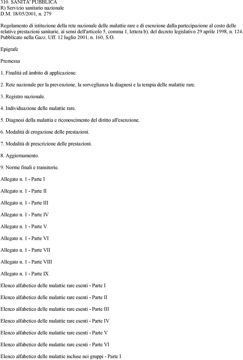 b), del decreto legislativo 29 aprile 1998, n. 124. Pubblicato nella Gazz. Uff. 12 luglio 2001, n. 160, S.O. Epigrafe Premessa 1. Finalità ed àmbito di applicazione. 2. Rete nazionale per la prevenzione, la sorveglianza la diagnosi e la terapia delle malattie rare.